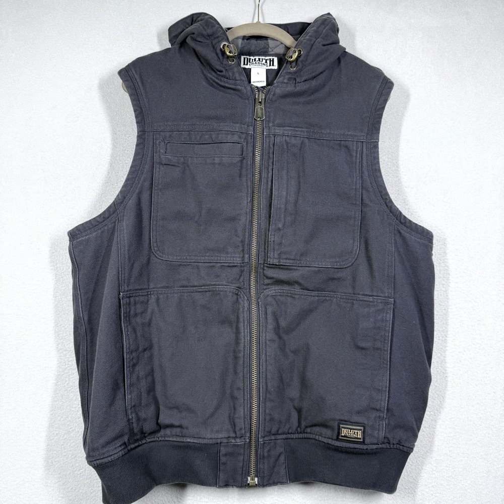 Duluth Trading Vest Mens Large Fire Hose Flannel Lined Hooded Vest Forged Iron